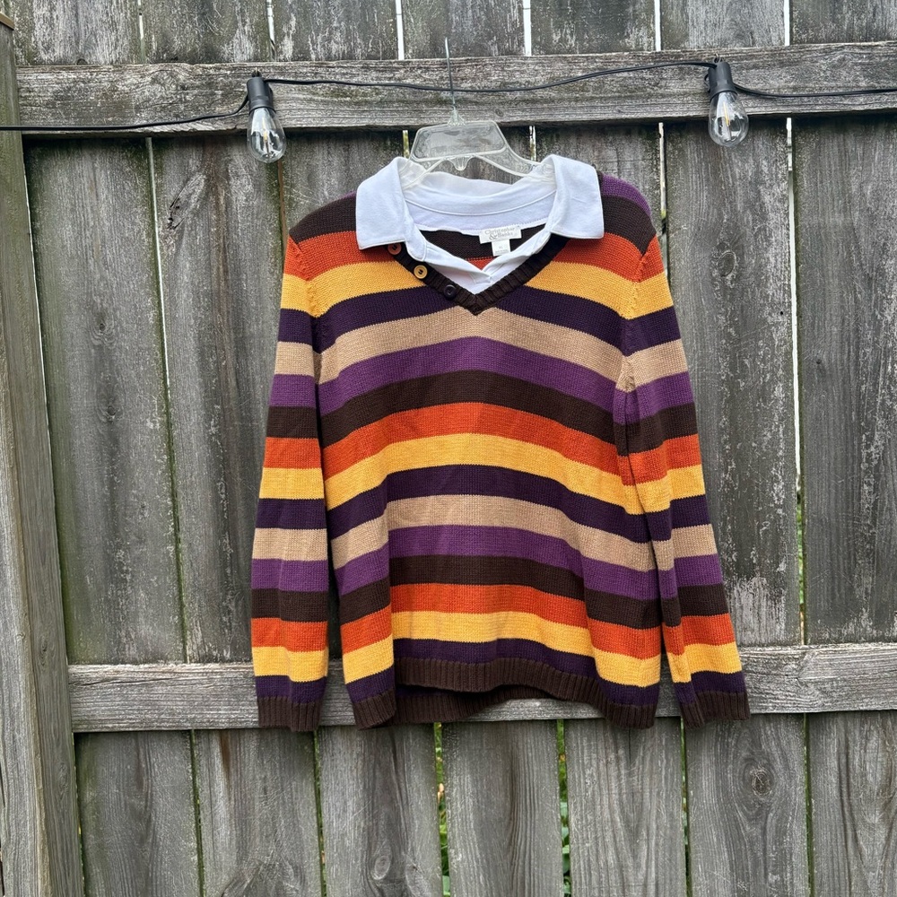 Vintage Christopher & Banks V-Neck Striped Sweater - Purple, Orange, Brown
